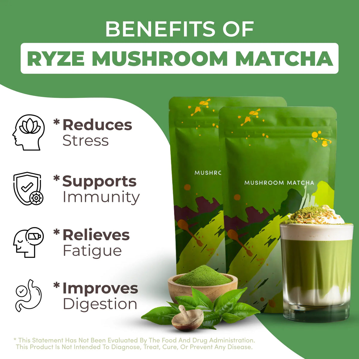 RYZE Mushroom Matcha Starter Kit, USDA Organic with 6 Adaptogenic Mushrooms and Ceremonial-Grade Japanese Matcha, Energy, Focus, Digestion, Immunity with Turkey Tail, Shiitake, Reishi, 60 servings