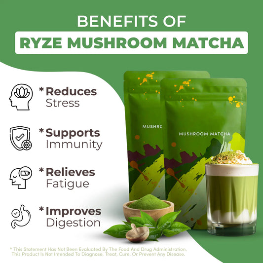 RYZE Mushroom Matcha Starter Kit, USDA Organic with 6 Adaptogenic Mushrooms and Ceremonial-Grade Japanese Matcha, Energy, Focus, Digestion, Immunity with Turkey Tail, Shiitake, Reishi, 60 servings