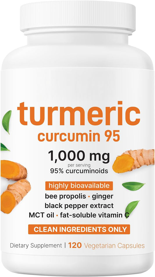 Turmeric curcumin 1000mg capsule bottle with turmeric root