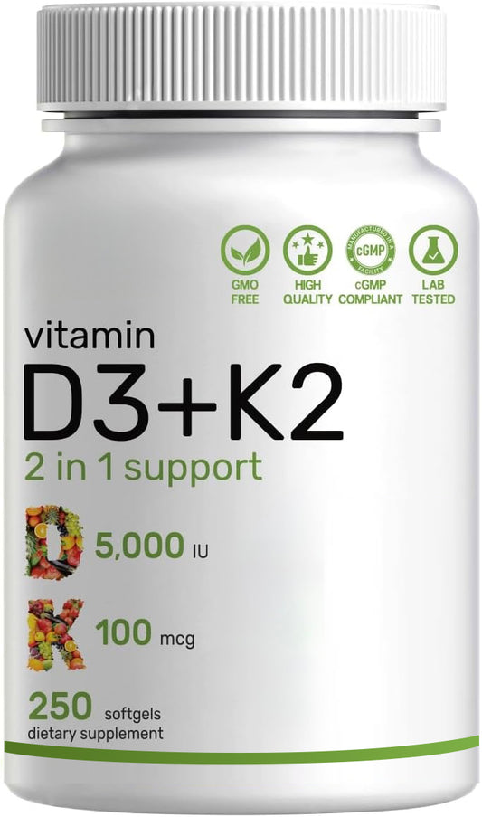 DEAL SUPPLEMENT Vitamin D3 5,000 IU + K2 MK7 Softgels, 250 Count | 2-in-1 Complex | Easy to Swallow