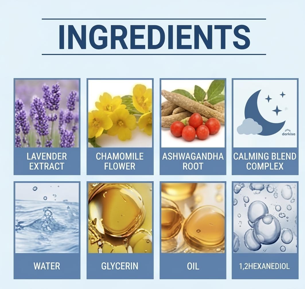 Ingredients including lavender extract, chamomile flower and ashwagandha root