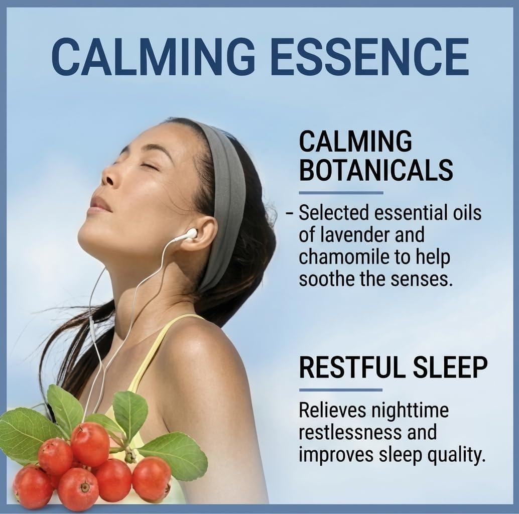 Calming botanical essence graphic with lavender and red berries