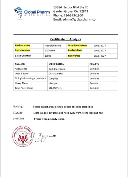 Certificate of analysis for the methylene blue solution