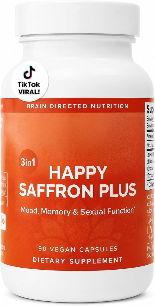 BRAINMD Dr Amen Happy Saffron Plus - 90 Capsules - with Saffron Flower Extract, Curcumin & Zinc - Vegan, Gluten Free - 30 Servings