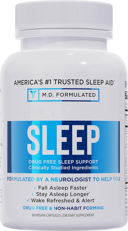 White sleep supplement bottle with 60 capsules