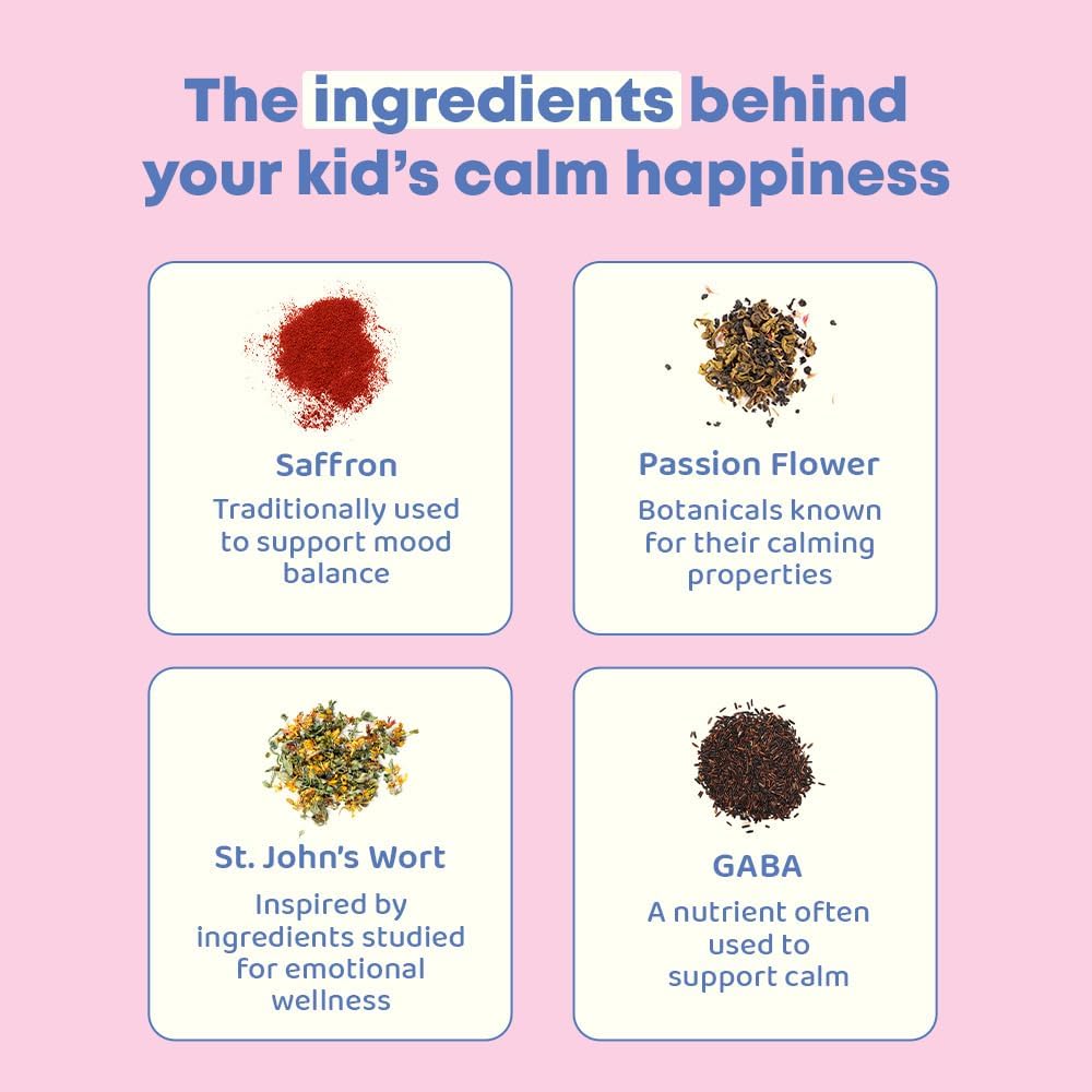 Ingredient highlights including saffron, passion flower, St John's wort and GABA