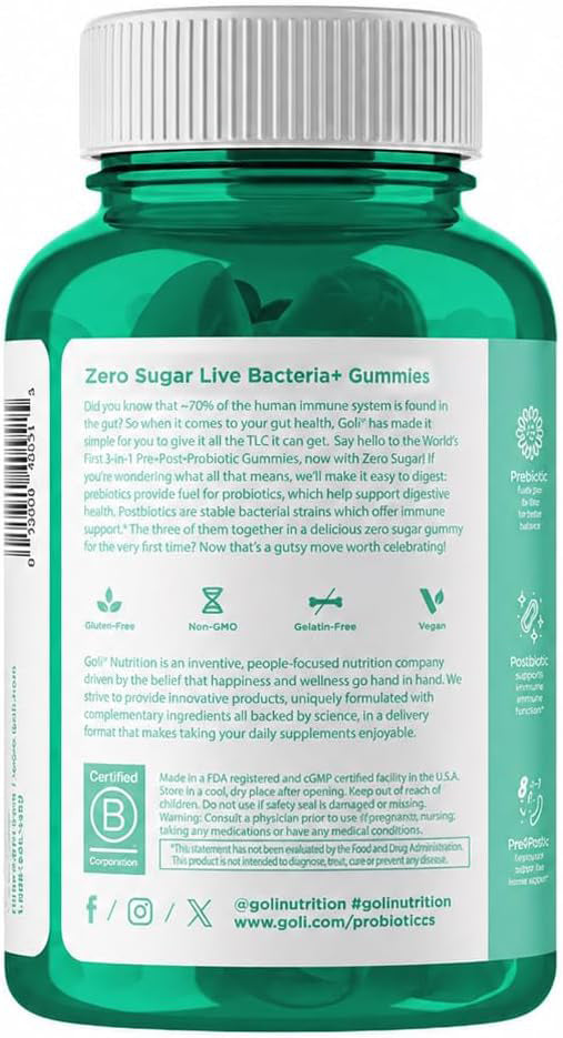 Goli Zero Sugar Pre Pro Postbiotic Gummies - Worlds First 3-in-1 with DE111, XOS, MCC1849 - No Sugar Alcohols - Vegan, Keto-Friendly, Non-GMO