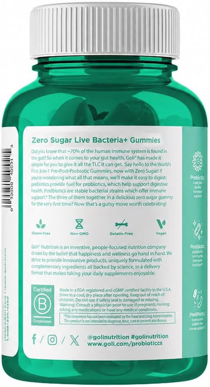 Goli Zero Sugar Pre Pro Postbiotic Gummies - Worlds First 3-in-1 with DE111, XOS, MCC1849 - No Sugar Alcohols - Vegan, Keto-Friendly, Non-GMO