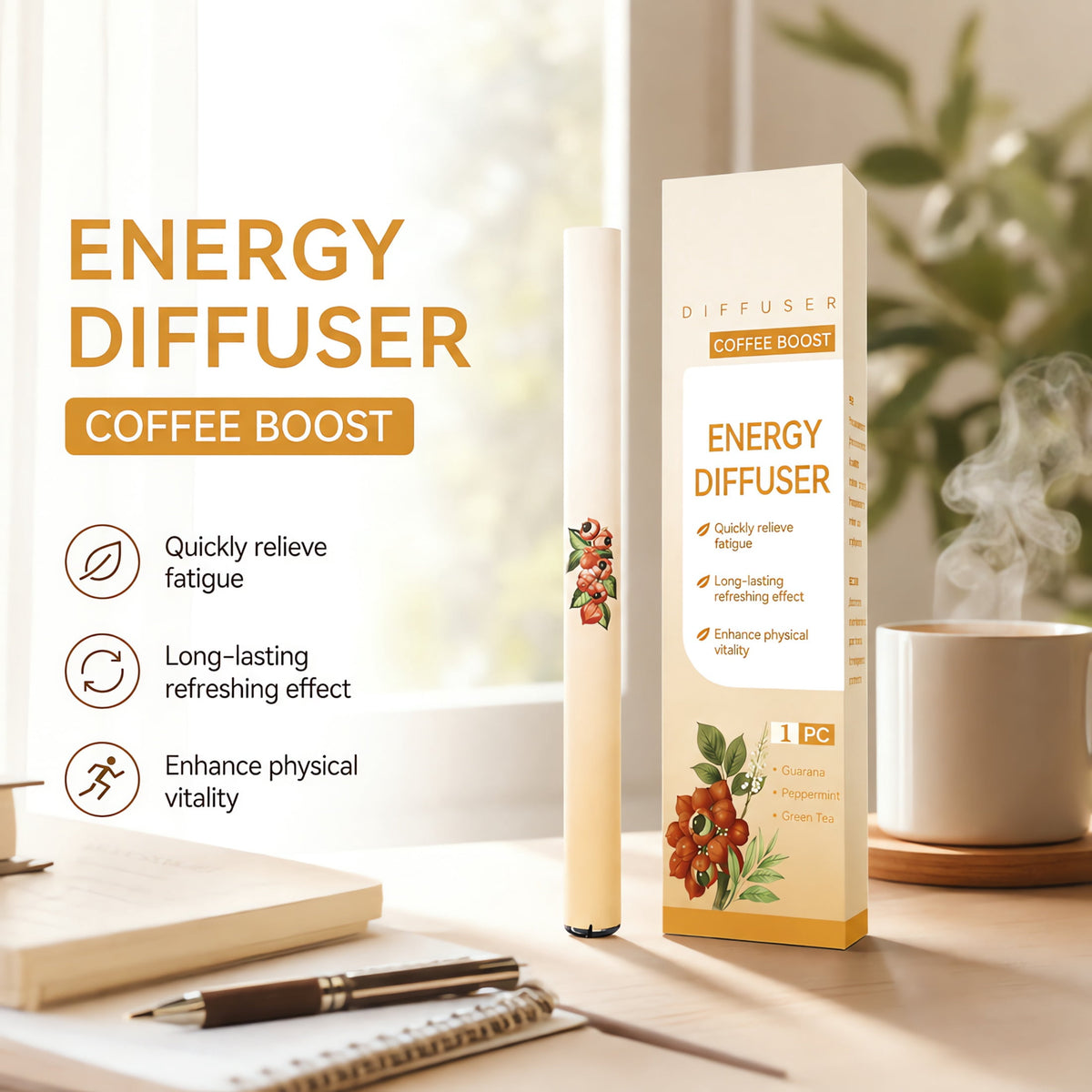 Energy diffuser beside a cup of coffee and a notebook
