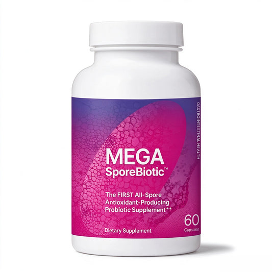 Spore-based probiotic supplement bottle with purple label and 60 vegetable capsules
