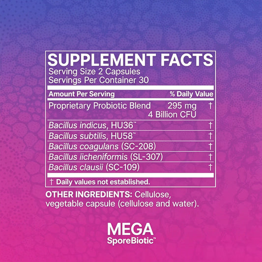 Supplement facts panel listing five Bacillus strains, 295 mg probiotic blend and 4 billion CFU per two-capsule serving