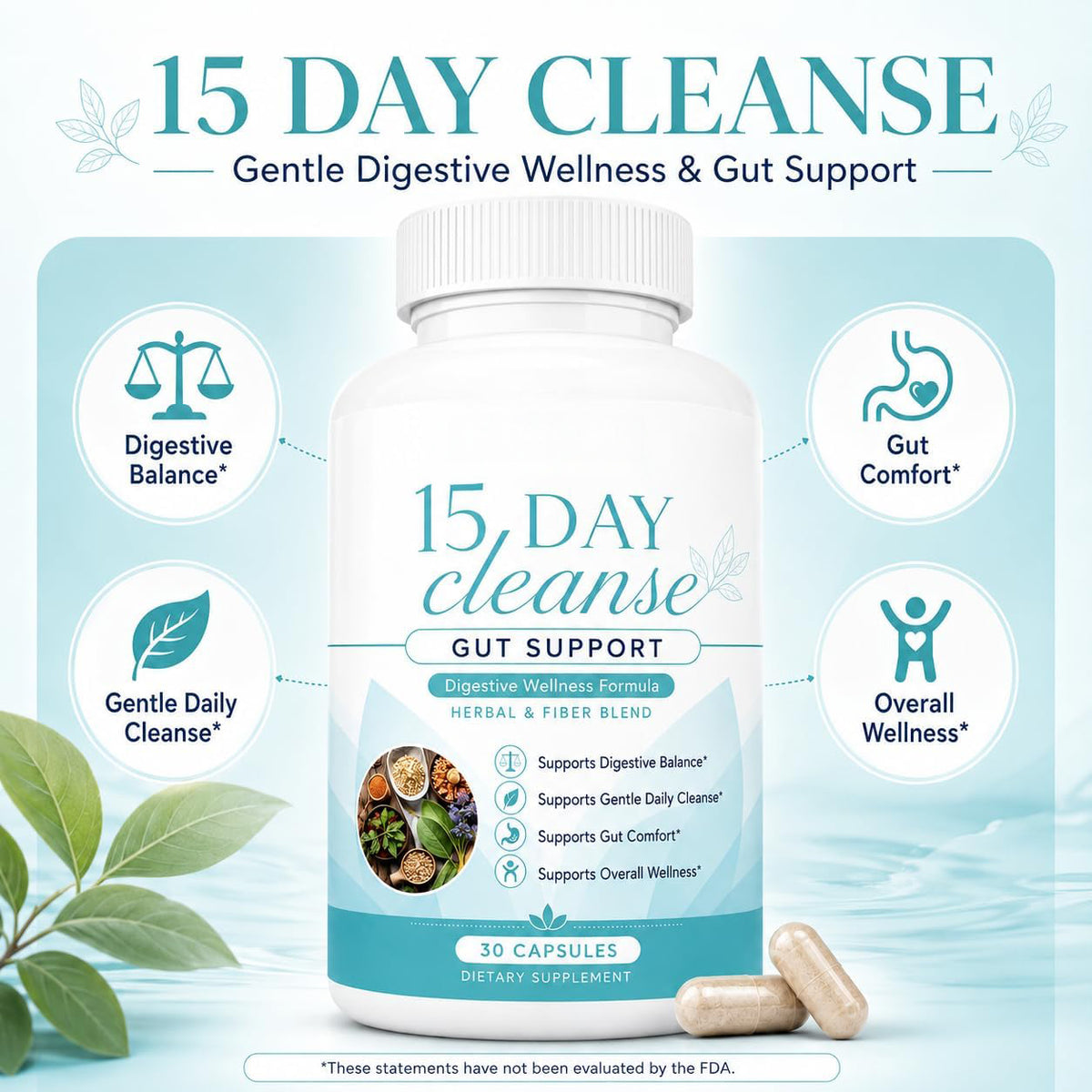 Digestive balance and gut comfort icons around the bottle
