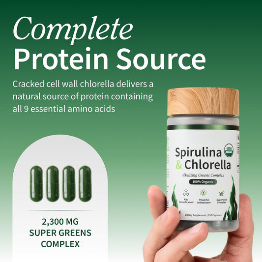 Snap Supplements USDA Organic Spirulina and Chlorella, 120 Vegan Capsules