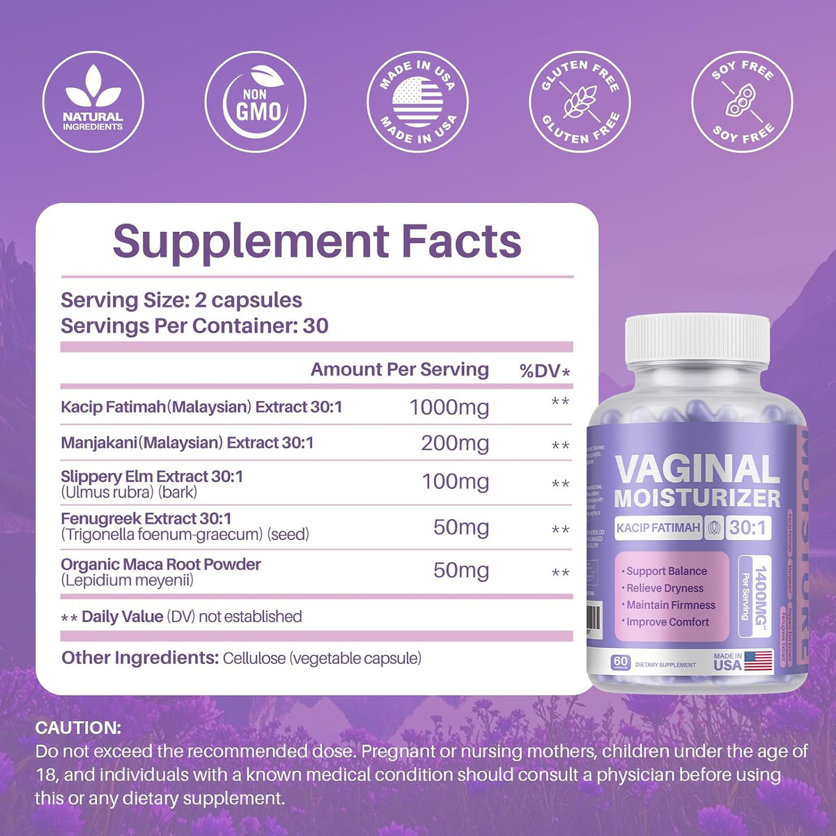 Vaginal Moisturizer, Kacip Fatimah, Manjakani & Slippery Elm, 60 Capsules