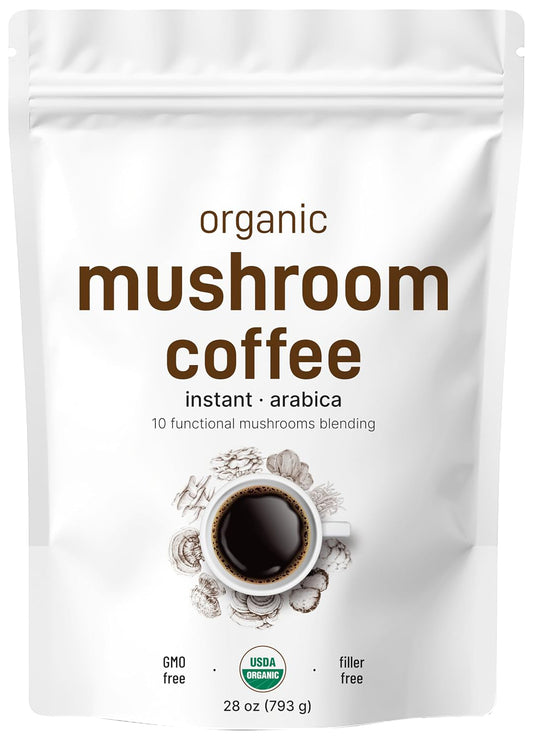 Micro Ingredients Organic Instant 10 in 1 Mushroom Coffee Powder, 28 Ounce (317 Servings) | Premium Arabica Coffee with Lion’s Mane, Chaga, Reishi & More