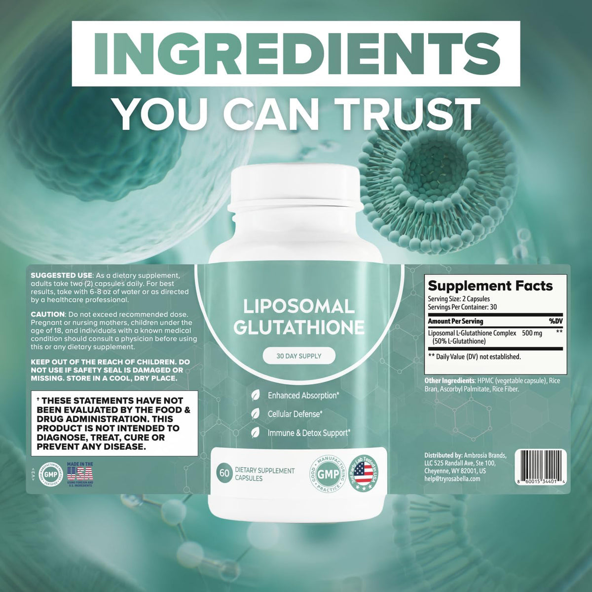 Ingredients and Supplement Facts for the liposomal glutathione