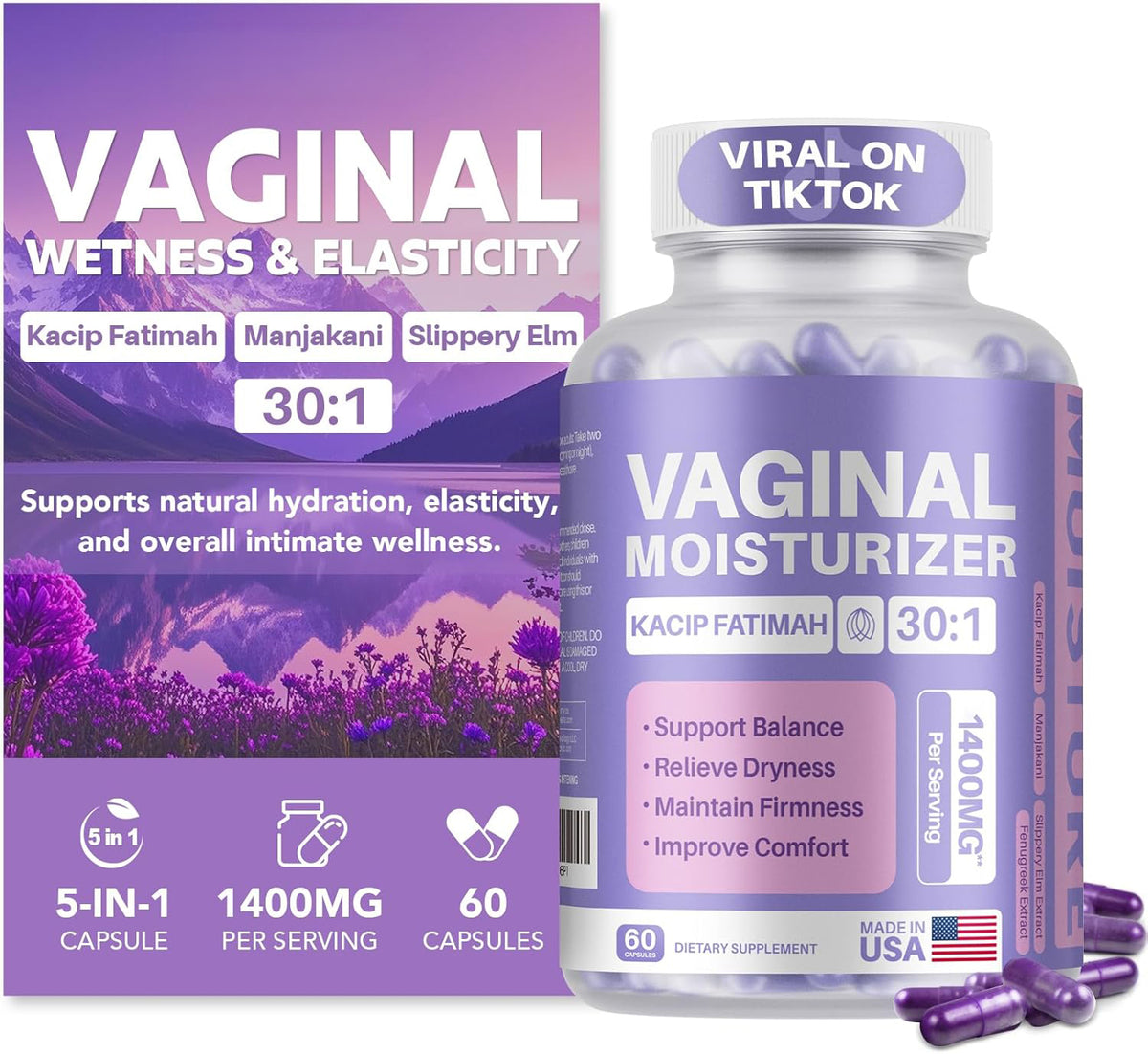 Vaginal Moisturizer, Kacip Fatimah, Manjakani & Slippery Elm, 60 Capsules