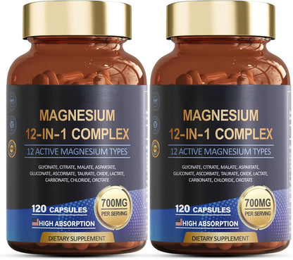 Totaria Magnesium Complex 700mg 12 in 1 Magnesium Supplement with Glycinate Citrate Malate Oxide Taurate Aspartate Orotate Magnesium Relaxation,Muscle,Heart Support, Vegan 120 Capsules