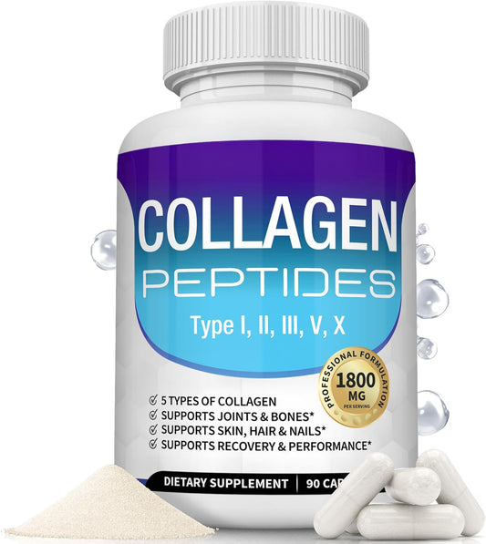 Toplux Multi Collagen Peptides Pills 1800 Mg Complex - Type I, II, III, V, X Premium Collagen Complex for Better Skin & Hair, Strong Joint, Hydrolyzed Protein, for Men Women, 90 Capsules, Supplement