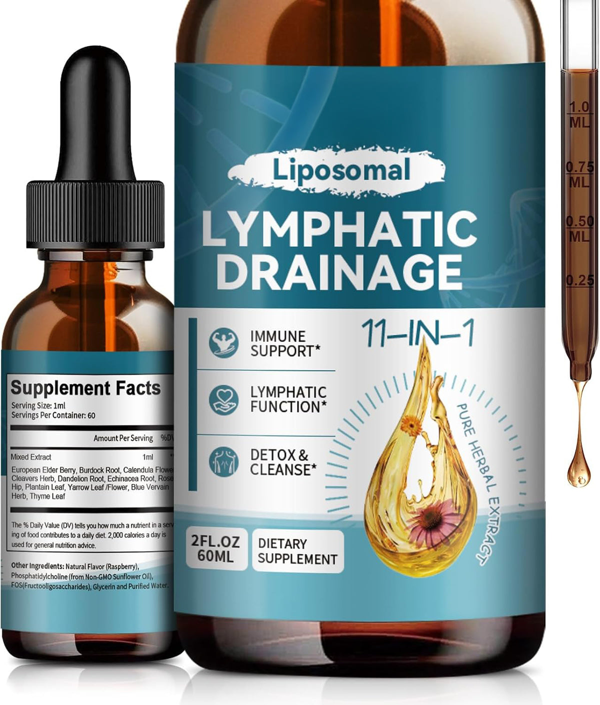 Liposomal Lymphatic Drainage Drops - 11 In 1 Organic Lymphatic Drainage Supplement with Burdock Root, Echinacea, Elderberry, Calendula, Cleavers Herb, Dandelion Supports Lymphatic Health 2 FL.OZ