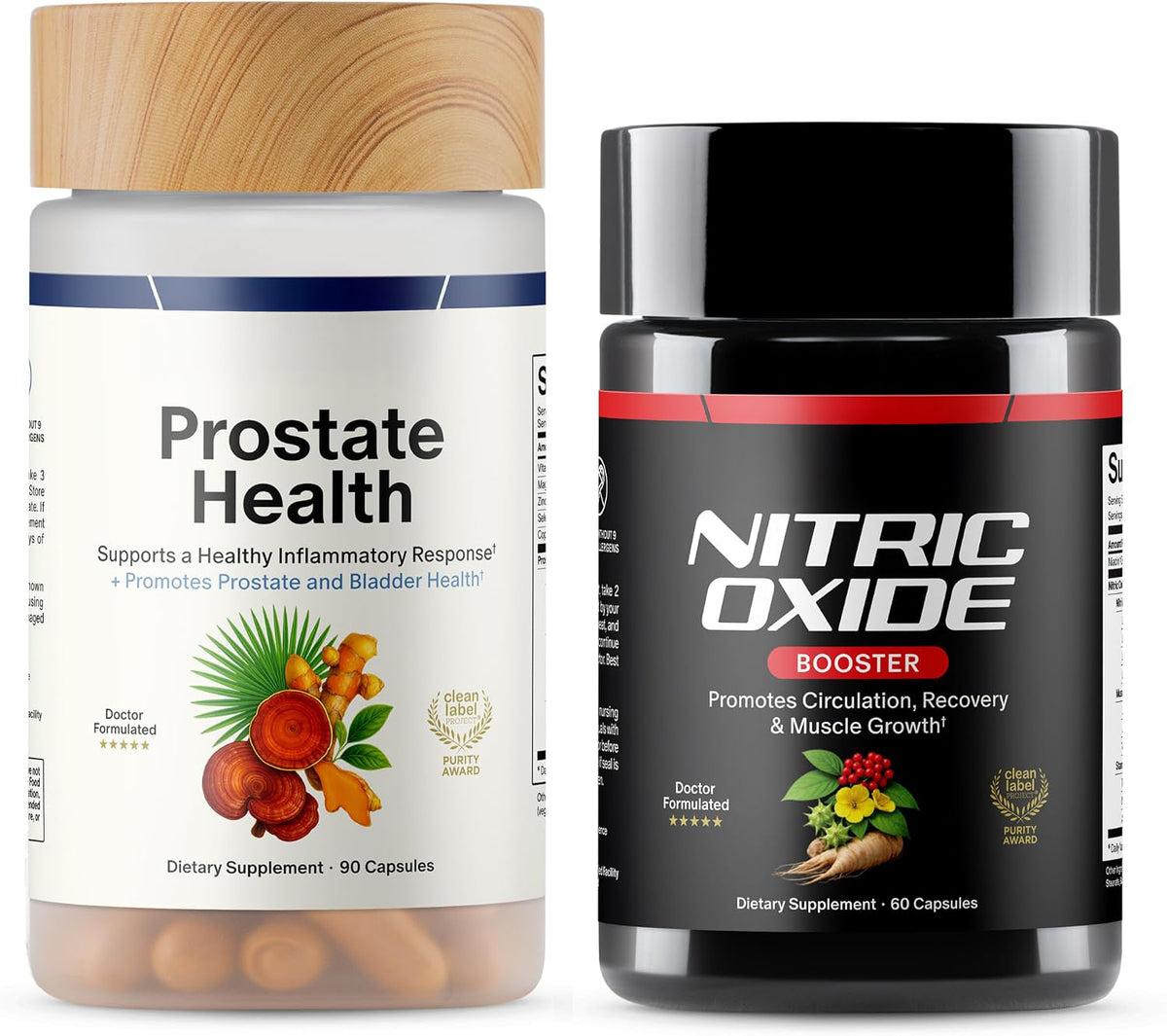 Prostate Health and Nitric Oxide Booster bottles side by side