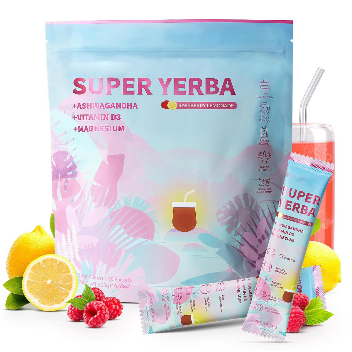 ZOOONE Super Yerba Mate tea Instant Powder 30 Packets- Raspberry Lemonade Flavor | Servings Clean Energy & Focus Boost Brain Fog Buster| Gut Support, Antioxidants