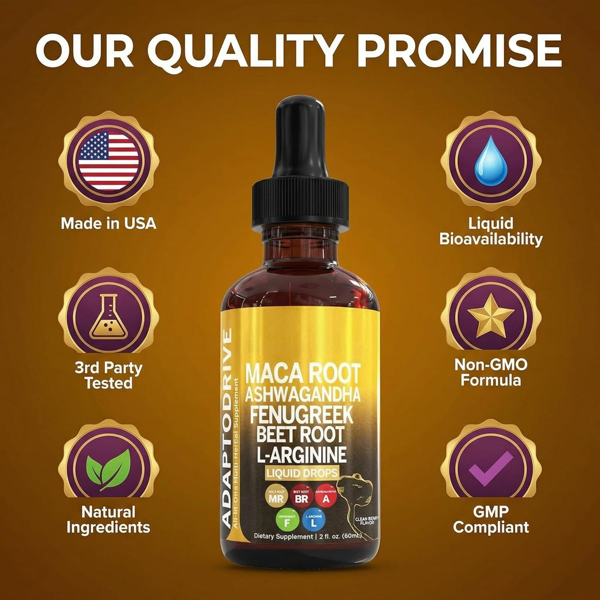 Clean Nutra Organic Maca Root Liquid Drops with Ashwagandha, Fenugreek, Beet Root and L-Arginine Liquid Multivitamin for Women and Men - Adapto Drive