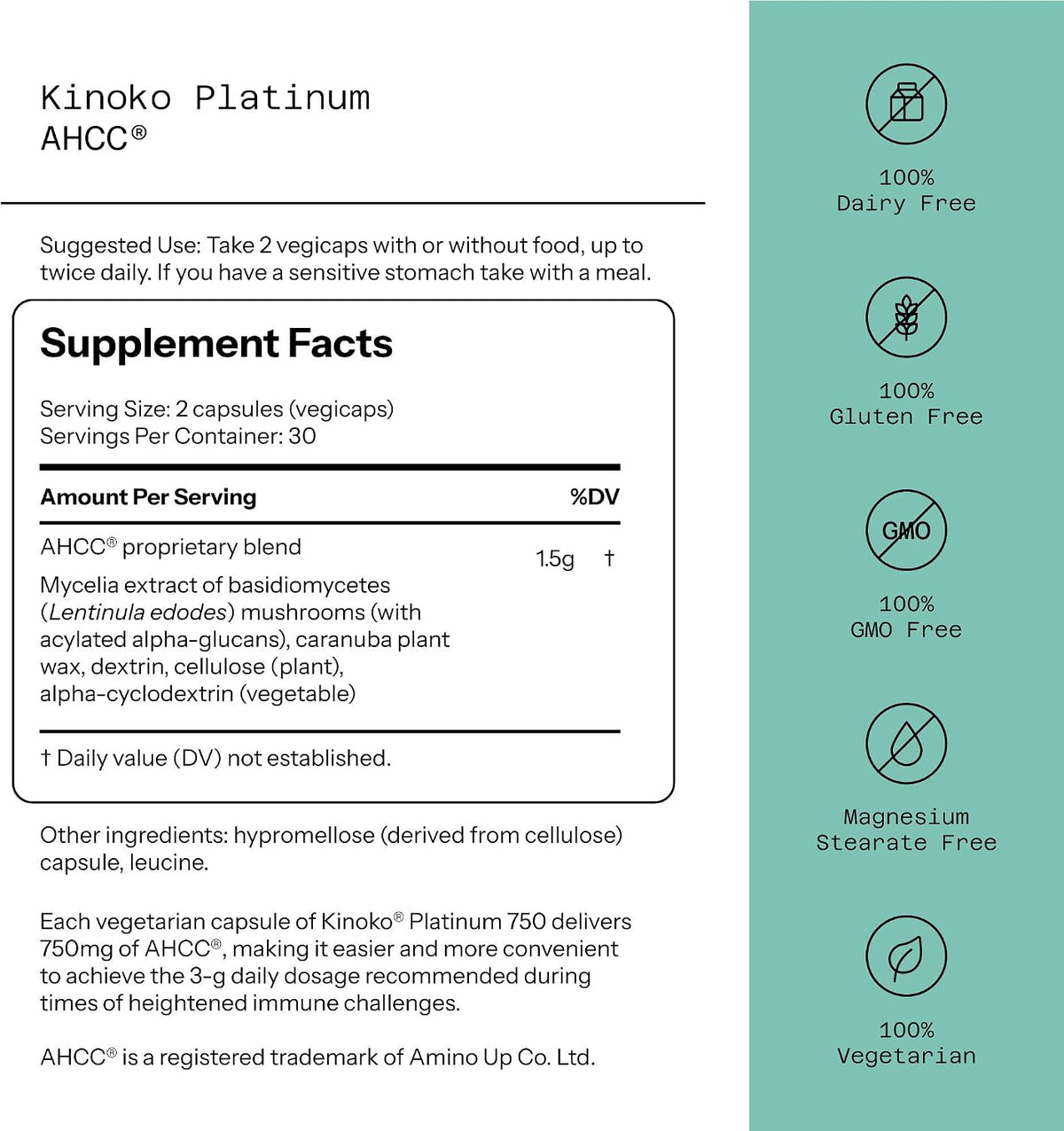 Supplement Facts panel for the AHCC capsules