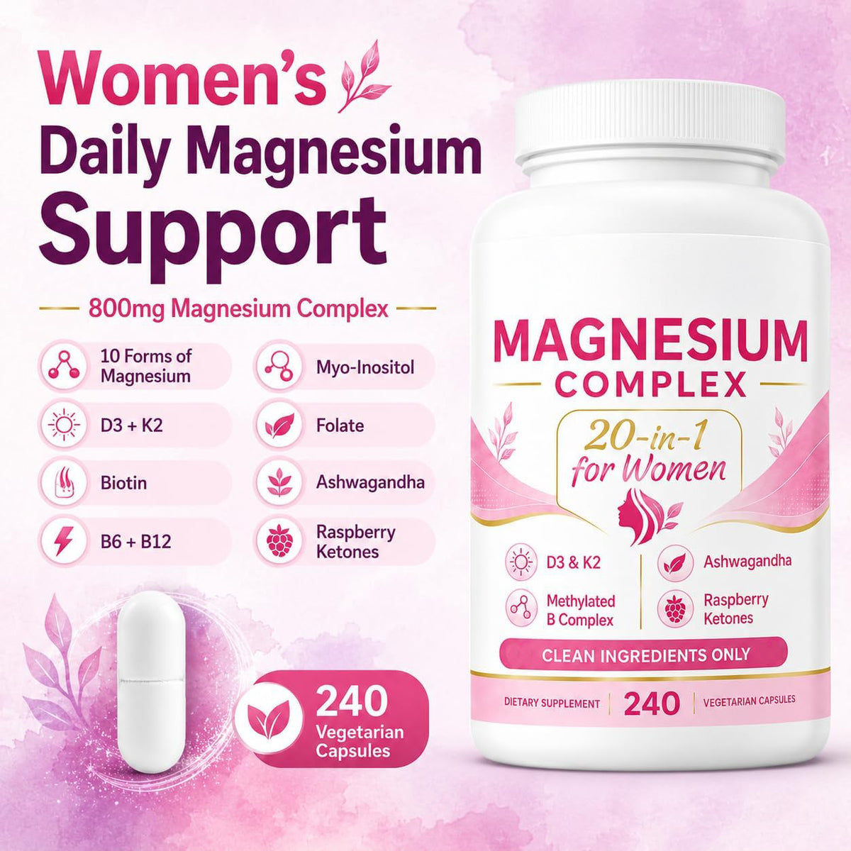 Women's daily magnesium support graphic with ingredient icons