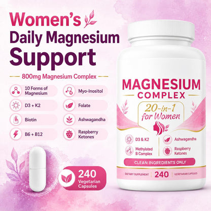 Women's daily magnesium support graphic with ingredient icons