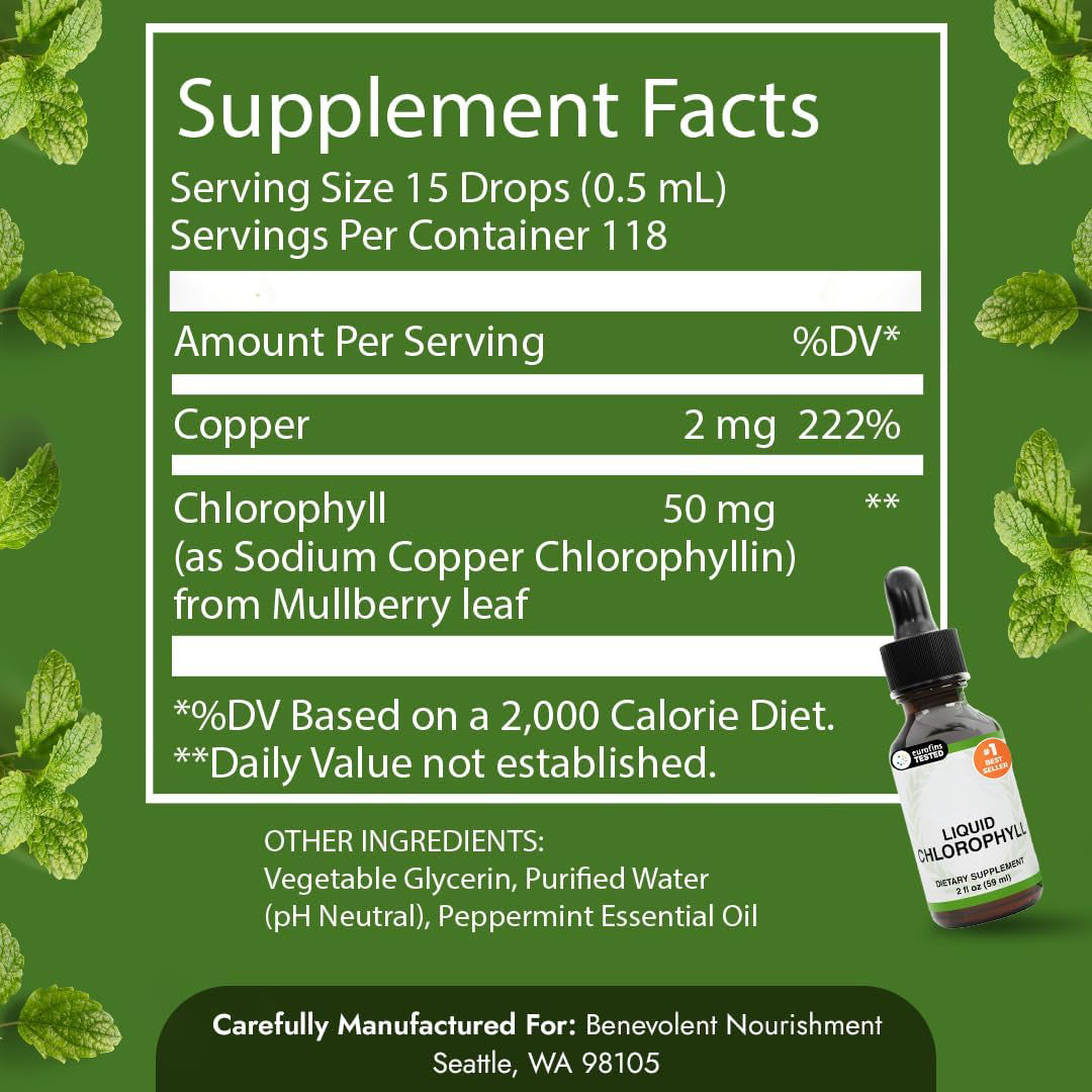 Benevolent Chlorophyll Liquid Drops for Internal Freshness, Peppermint