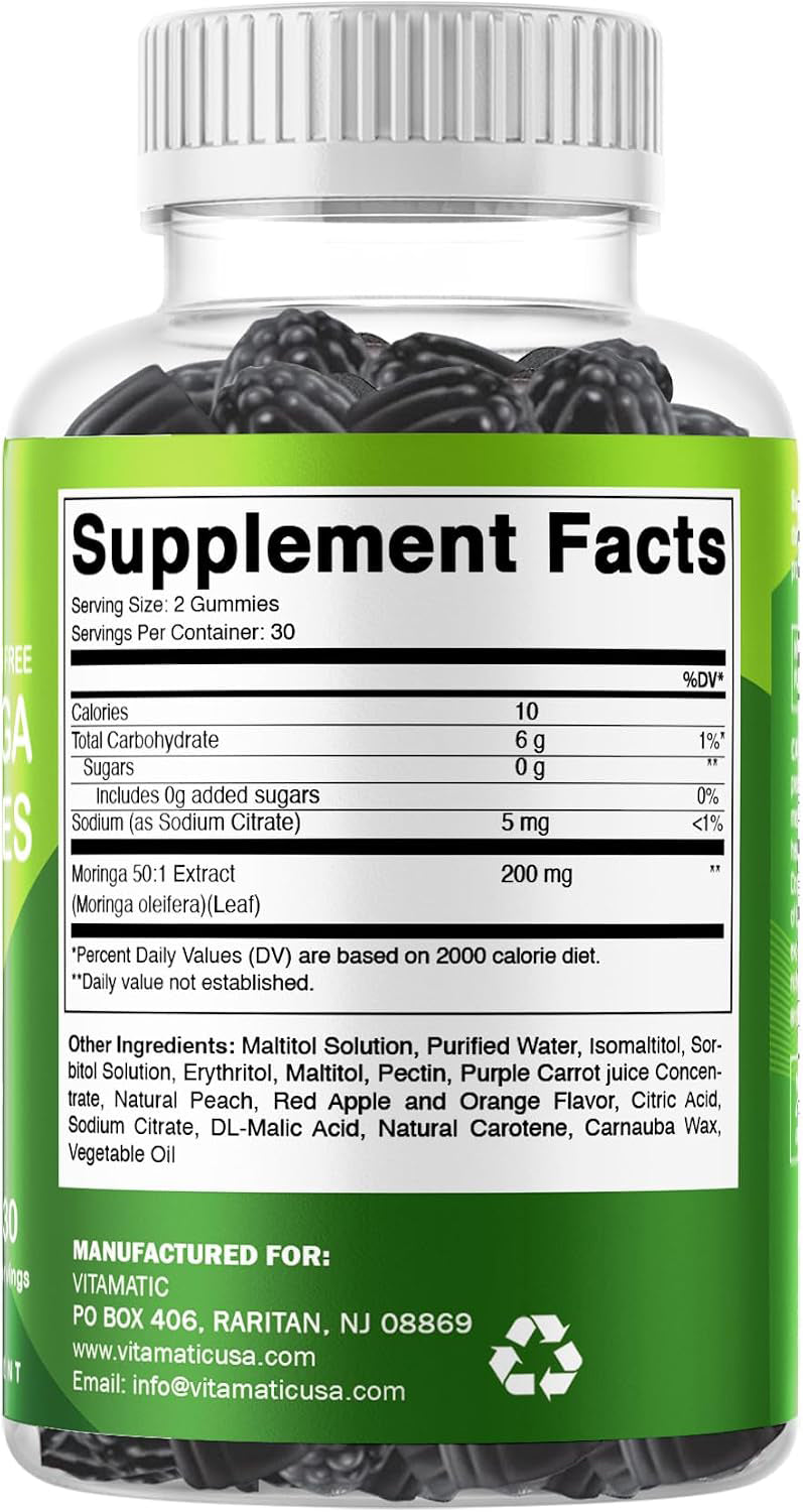 Vitamatic Moringa Gummies – Sugar-Free Botanical Extract – Green Superfood Supplement – Vegan, Pectin-Based, Non-GMO – Plant-Based Gummies – 60 Count
