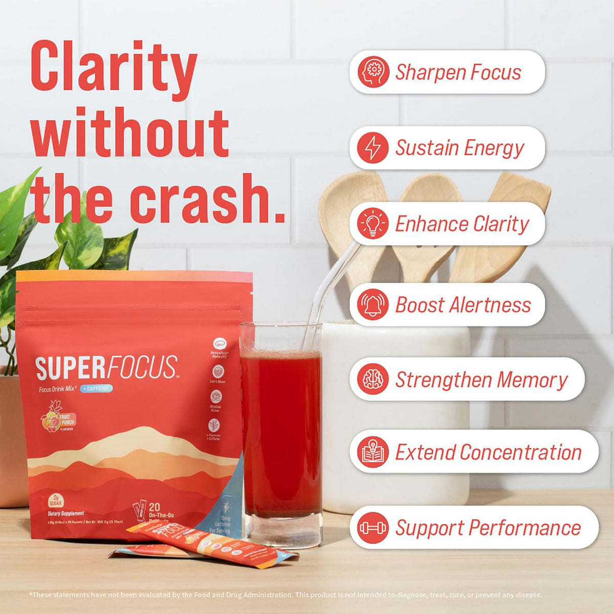 Nello Superfocus – Nootropic Focus Drink Mix for Productivity, L-Theanine, Rhodiola Rosea, Alpha-GPC, Lion’s Mane, Tyrosine, Sugar-Free Packets (20 Servings (Caffeine), Fruit Punch)