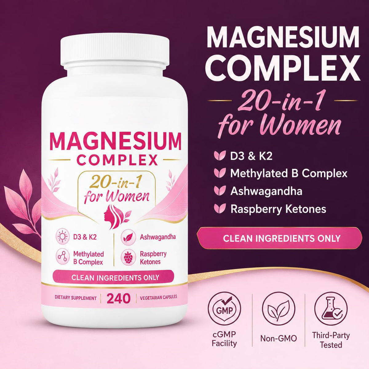 Magnesium complex bottle with D3, K2 and B complex callouts