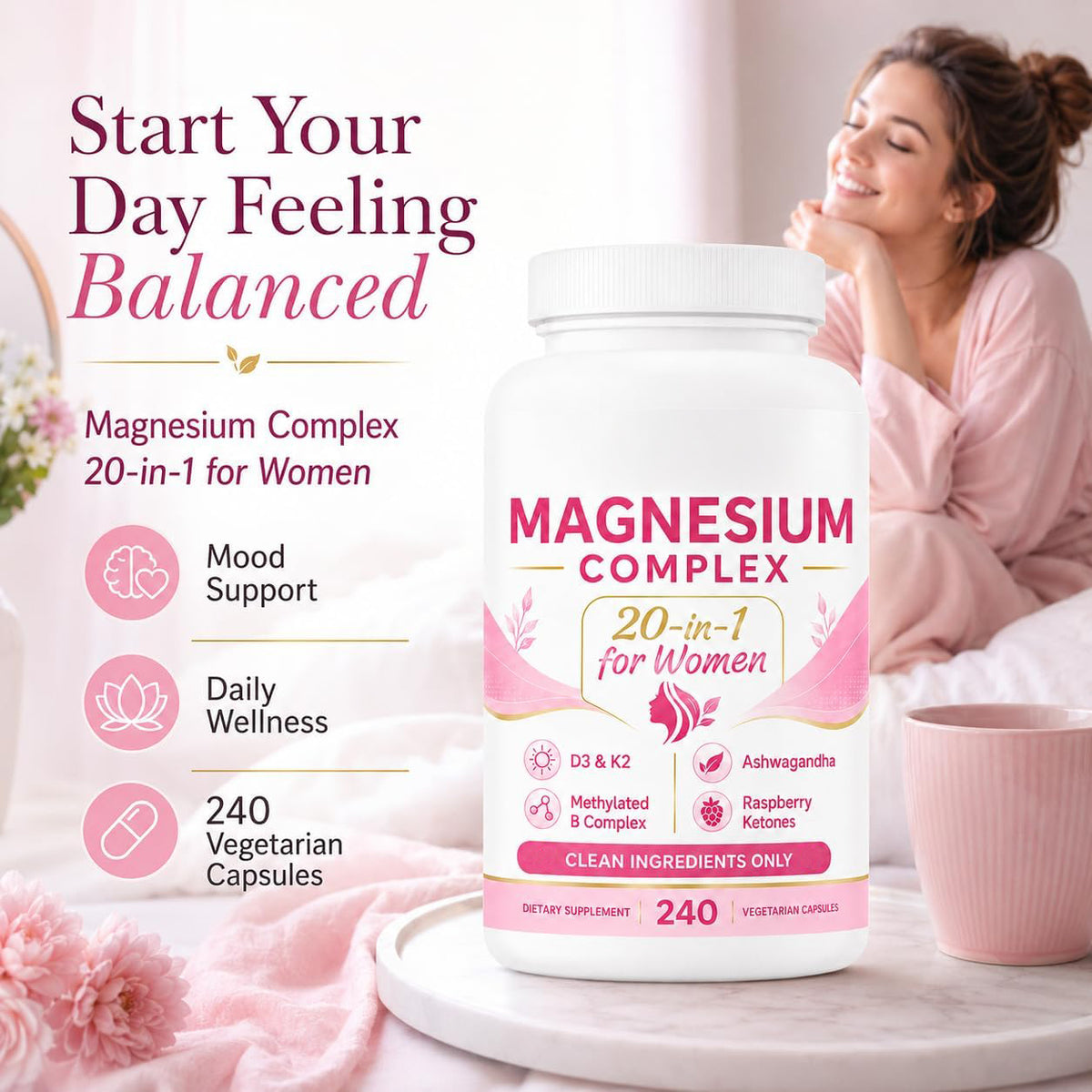 Woman starting her day with the magnesium complex bottle