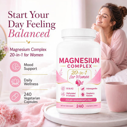 Woman starting her day with the magnesium complex bottle
