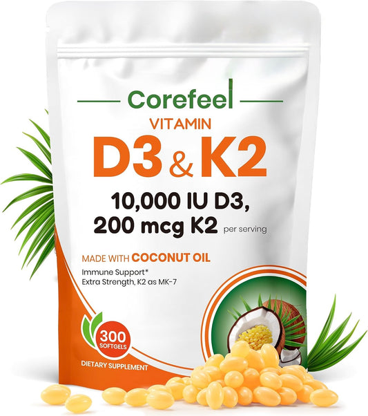 VEV Vitamin D3 K2 10,000 IU, 200 mcg K2, 300 Coconut Oil Softgels
