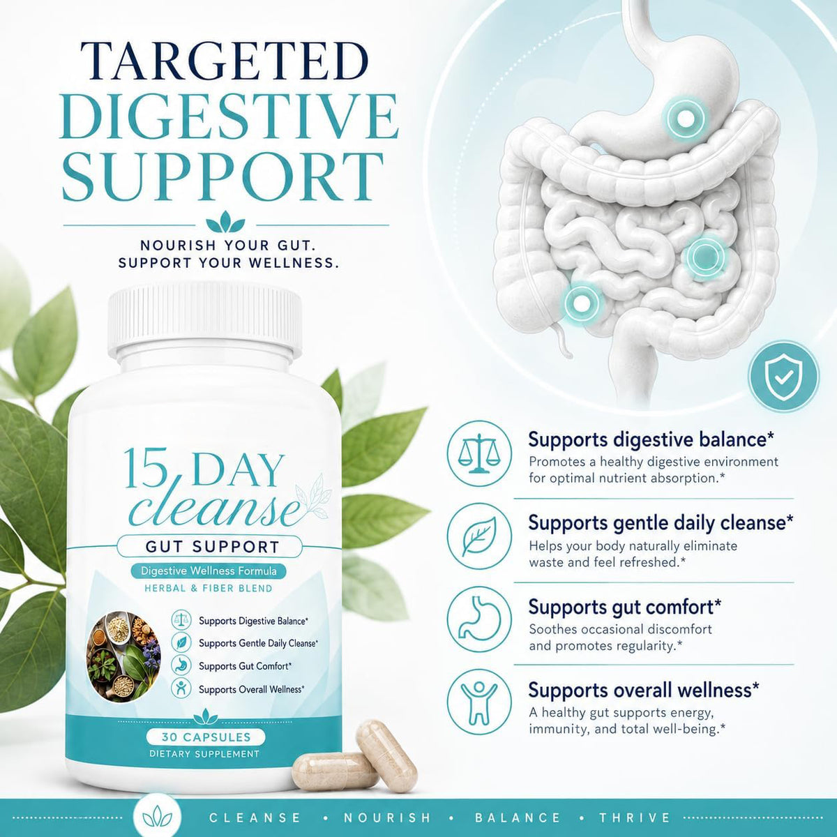 Targeted digestive support illustration with the cleanse bottle