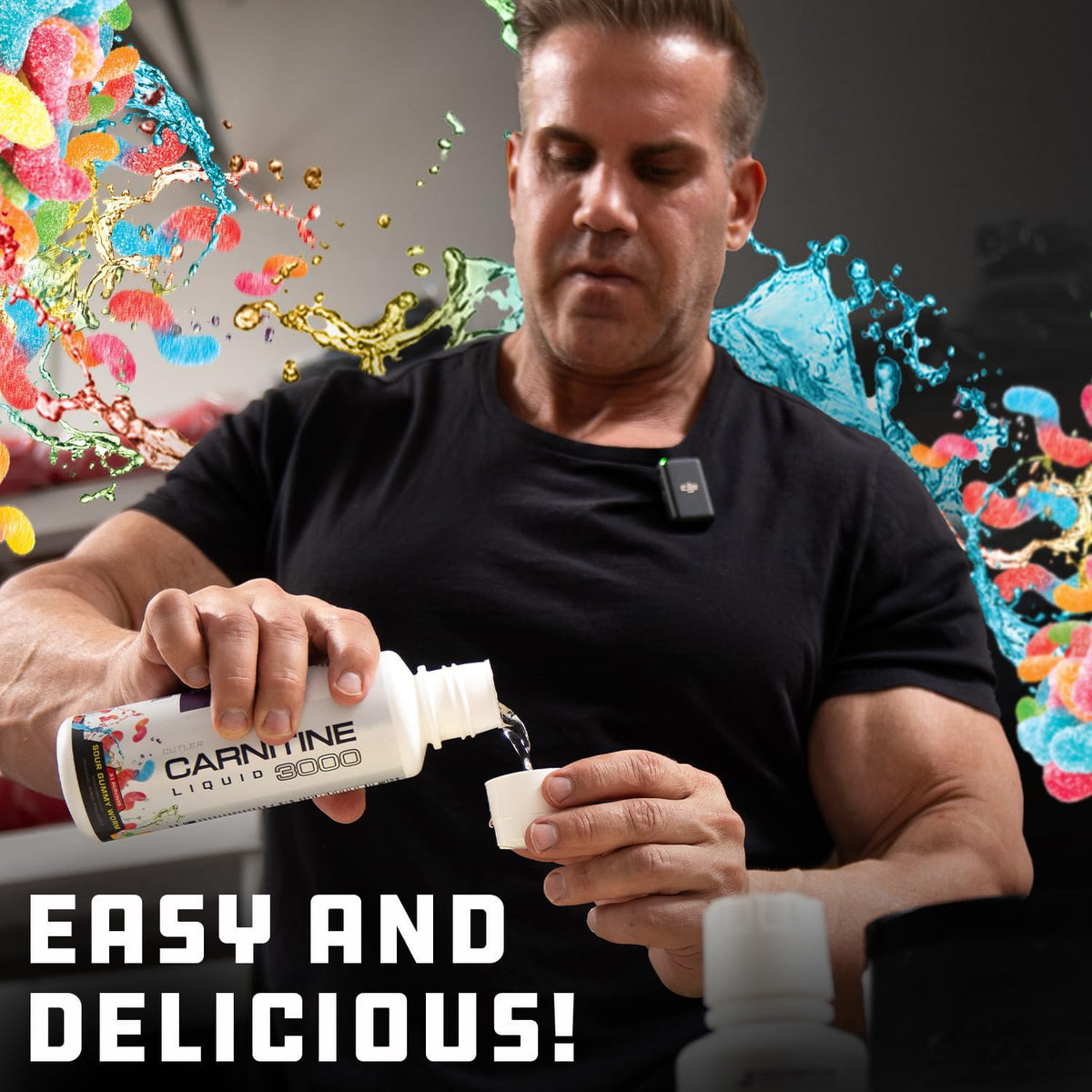 Man pouring a serving of liquid carnitine