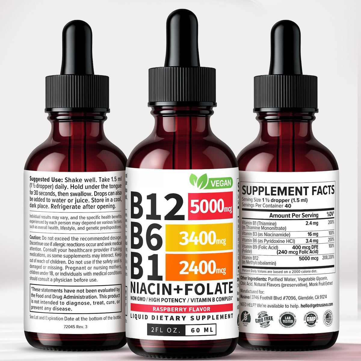 Two bottles of the B12 liquid drops with Supplement Facts