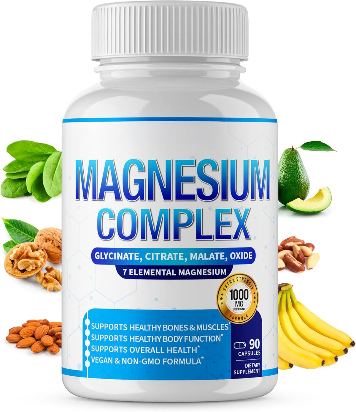Magnesium Complex 7 Elemental Magnesium Supplement 1000mg – Magnesium Glycinate, Citrate, Malate, Taurate, Oxide, Aspartate, Orotate Non-GMO 90 Capsules (Pack of 1)