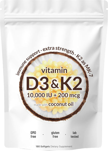 Micro Ingredients Vitamin D3 K2 MK-7 10,000 IU Per Serving, 300 Softgels