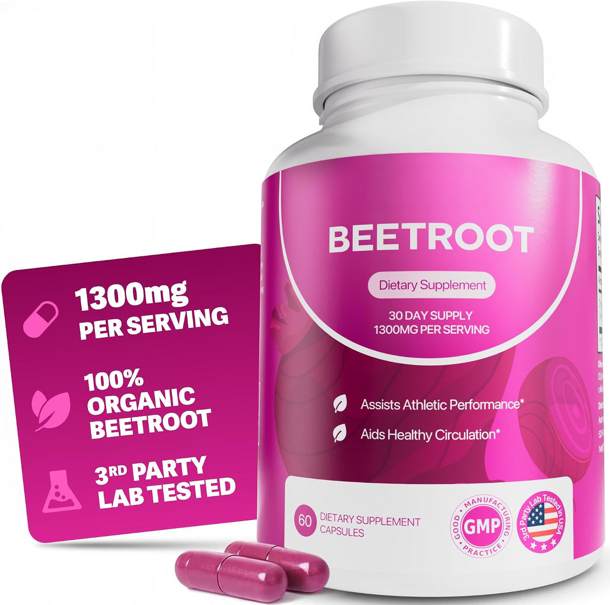 Organic beet root capsules bottle with a sliced beet
