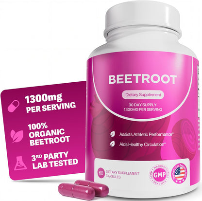 Organic beet root capsules bottle with a sliced beet