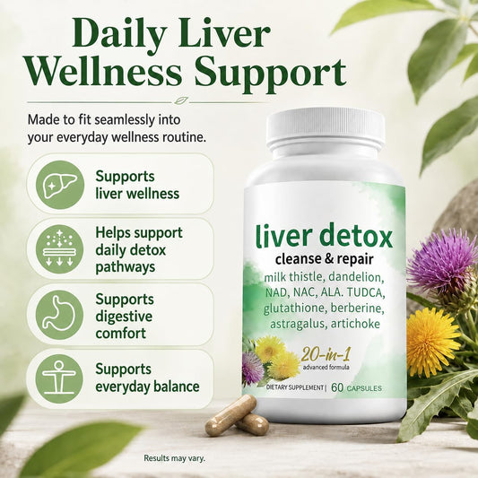Milk Thistle Liver Detox Cleanse & Repair Supplement, 20-in-1 Complex with Dandelion, TUDCA, NAC, NAD, Artichoke, Berberine & Glutathione | Herbal Liver Support Capsules, 60 Count