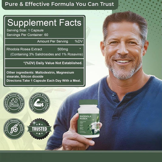 Rhodiola Rosea Capsules 500mg | Standardized for 3% Rosavins & 1% Salidroside | Supports Stress Relief, Mental Focus & Natural Energy | Non-GMO, Gluten-Free Supplement | 60 Capsules