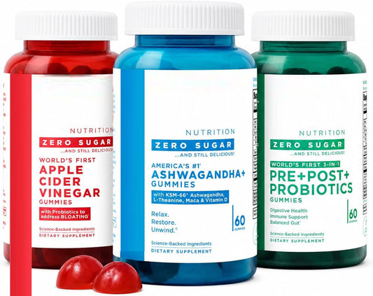 Goli Zero Sugar Trio - World's First 3-in-1 Pre, Post, Probiotic, Apple Cider Vinegar with Vitamin B12 and Probiotics, Ashwagandha & L-Theanine, Vitamin D Gummies, 180 Count (3-Bottle Set)