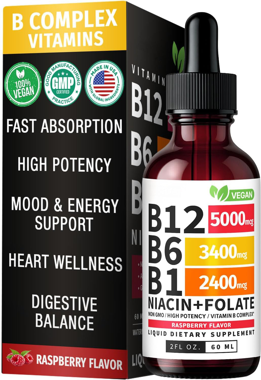 Vitamin B12 liquid drops bottle with raspberries