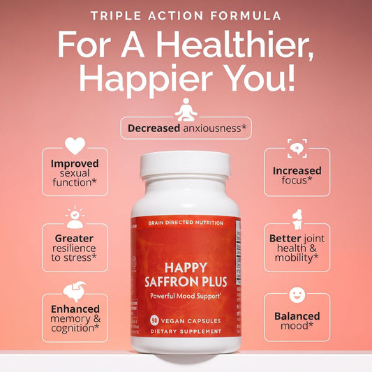 BRAINMD Dr Amen Happy Saffron Plus - 90 Capsules - with Saffron Flower Extract, Curcumin & Zinc - Vegan, Gluten Free - 30 Servings