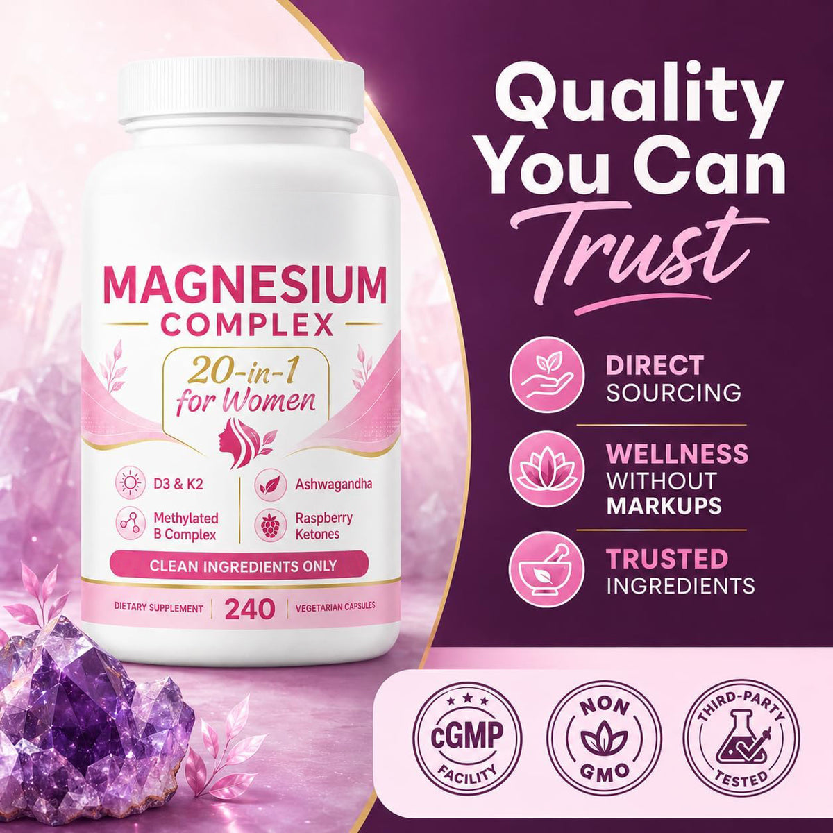 Quality and sourcing badges for the magnesium complex